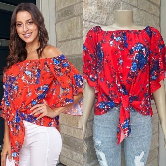 Women's Boho Floral Print Flare Sleeve Off the Shoulder Tie Knot Blouse Small - Picture 2 of 12